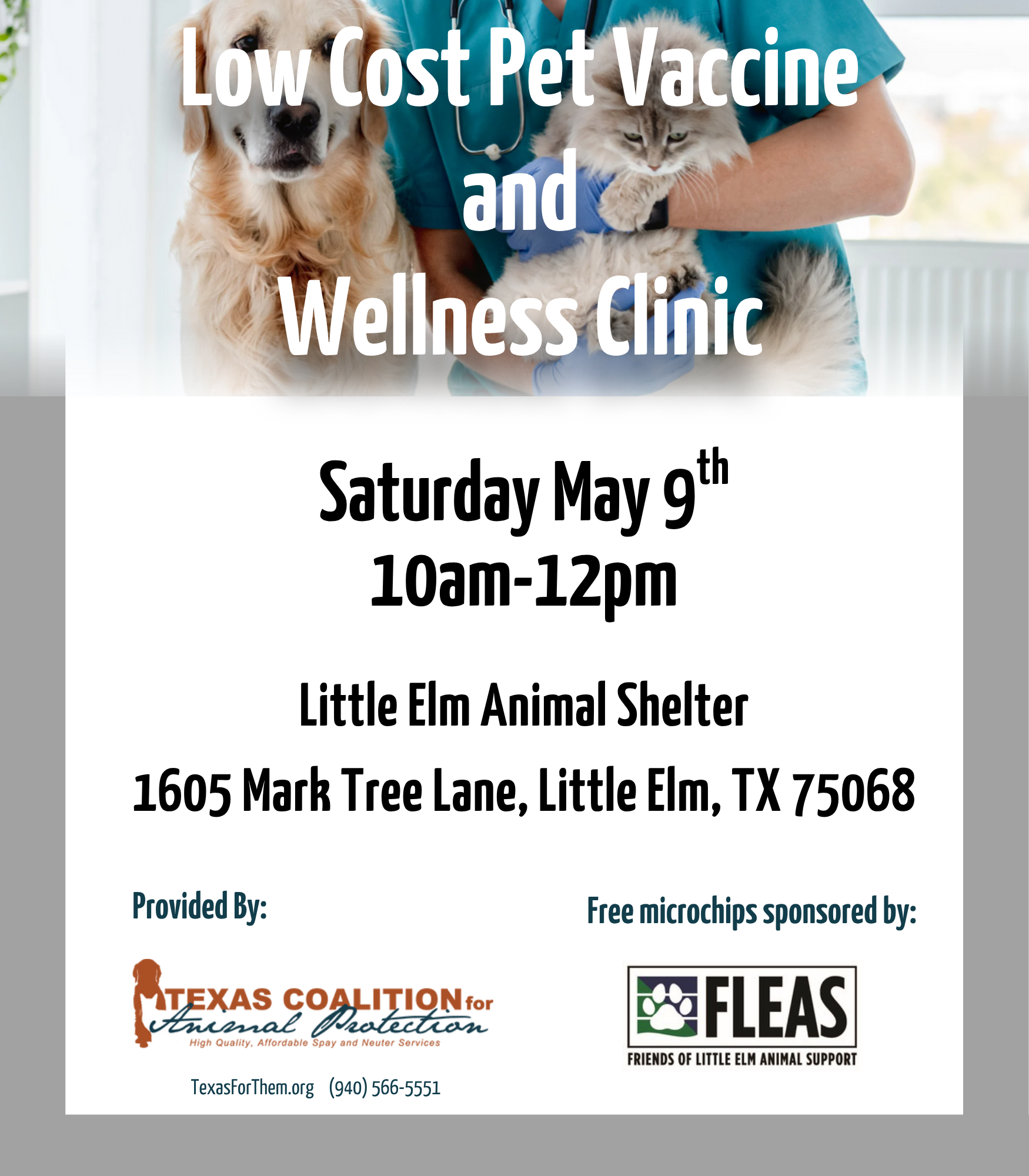 Low cost pet vaccine and wellness clinic on May 9th