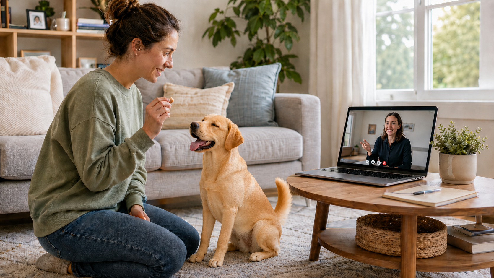 Woman sitting on floor holding a treat for a beige puppy while talking to a virtual trainer on her laptop