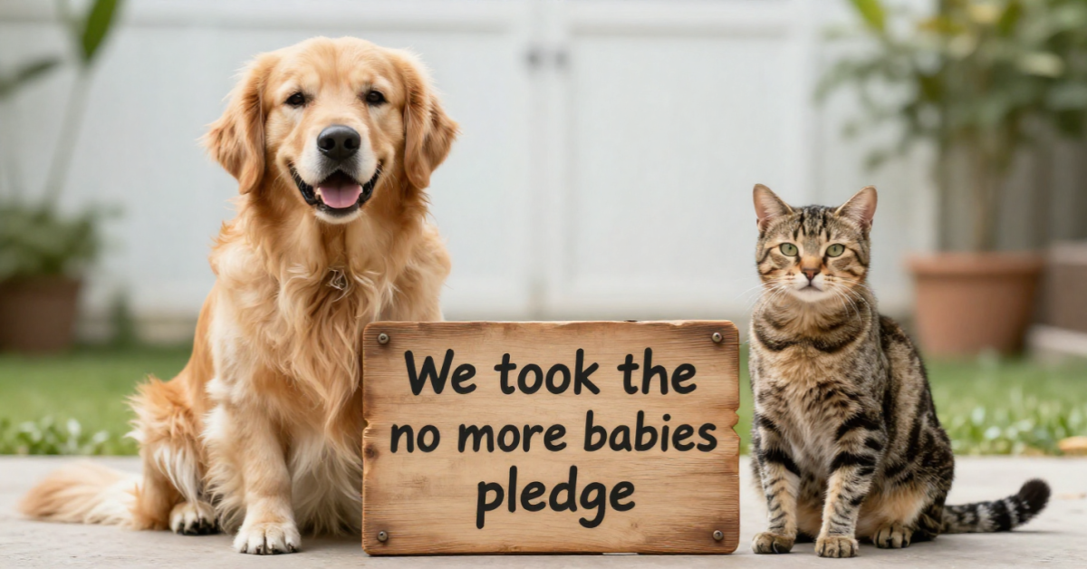 Beige dog and tabby cat with a sign announcing that they took the no more babies pledge