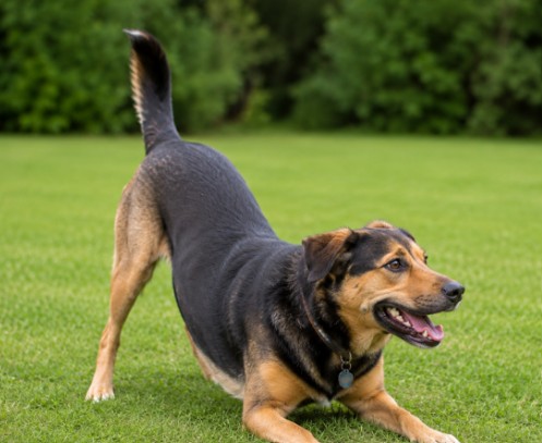 Black and tan tog with chest on the ground and tail in the air waiting to play.